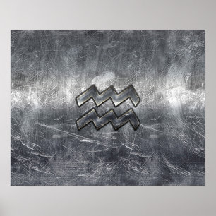 Aquarius Zodiac Distress Silver Steel Style Poster