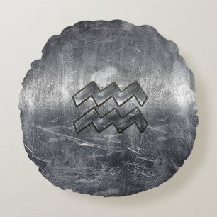 Aquarius Zodiac Distress Silver Steel Style Rond Kussen