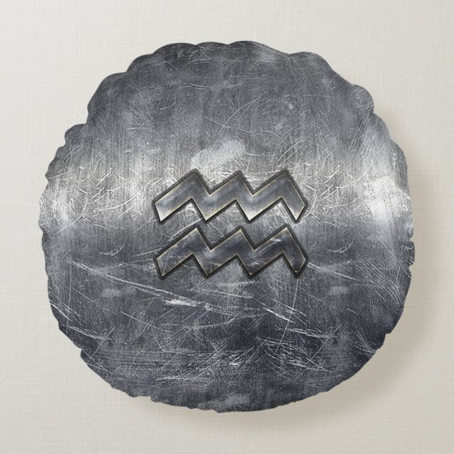 Aquarius Zodiac Distress Silver Steel Style Rond Kussen (Voorkant)