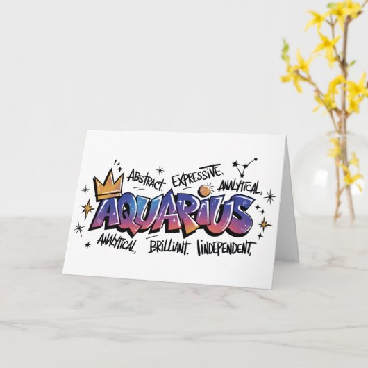 Aquarius Zodiac Graffiti  Kaart (Gele Bloem)
