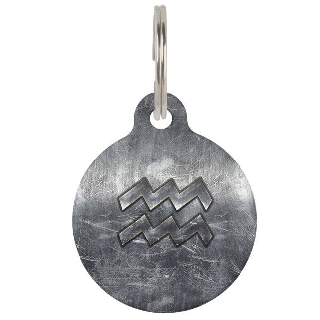Aquarius Zodiac Industrial Silver Steel Huisdierpenning (Voorkant)