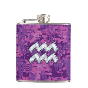 Aquarius Zodiac Sign on fuchsia digital camouflage Heupfles