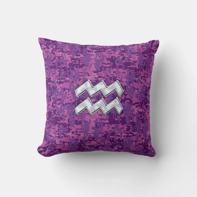 Aquarius Zodiac Sign on fuchsia digital camouflage Kussen (Voorkant)
