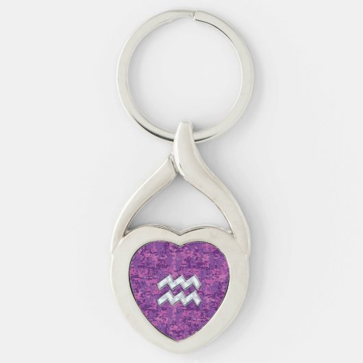 Aquarius Zodiac Sign on fuchsia digital camouflage Sleutelhanger (Voorkant)