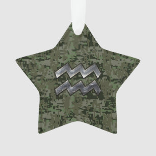 Aquarius Zodiac Sign on olive green digital camo Ornament