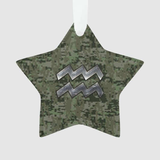 Aquarius Zodiac Sign on olive green digital camo Ornament (voorkant)