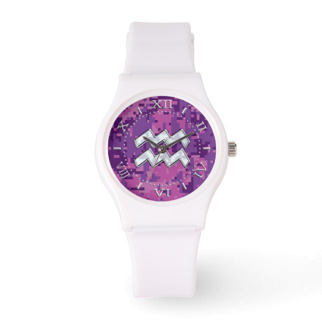 Aquarius Zodiac Sign on Pink Camouflage Dial Horloge (Voorkant)