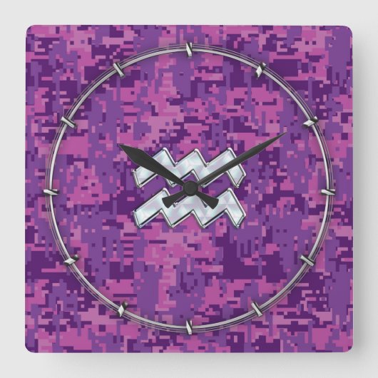 Aquarius Zodiac Sign on Pink Digital Camouflage Vierkante Klok (Voorkant)