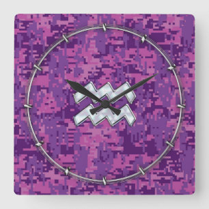 Aquarius Zodiac Sign on Pink Digital Camouflage Vierkante Klok
