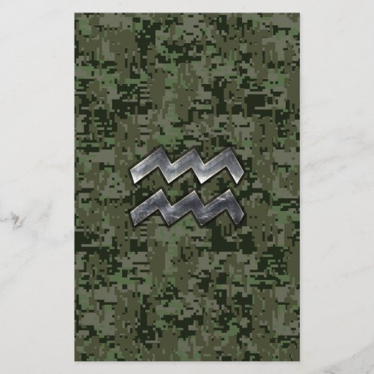 Aquarius Zodiac Sign on Woodland Digital Camo Briefpapier (Voorkant)