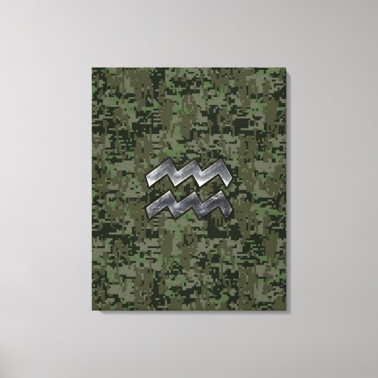 Aquarius Zodiac Sign on Woodland Digital Camo Canvas Afdruk (Voorkant)