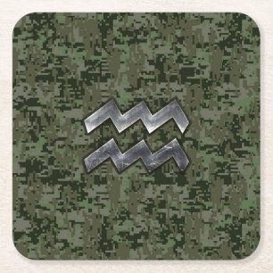 Aquarius Zodiac Sign on Woodland Digital Camo Kartonnen Onderzetters