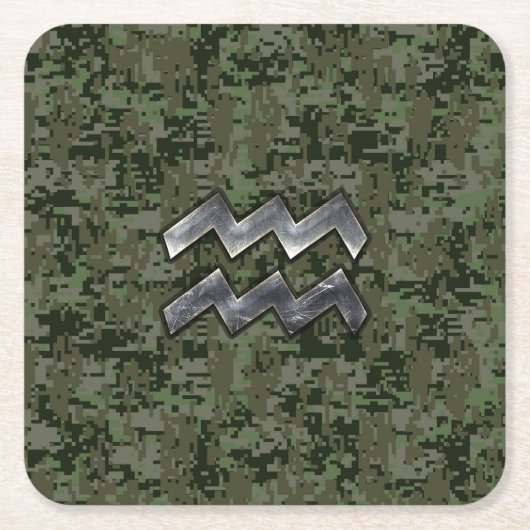 Aquarius Zodiac Sign on Woodland Digital Camo Kartonnen Onderzetters (Voorkant)