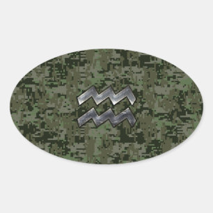 Aquarius Zodiac Sign on Woodland Digital Camo Ovale Sticker