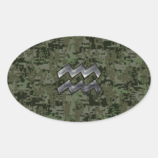 Aquarius Zodiac Sign on Woodland Digital Camo Ovale Sticker (Voorkant)