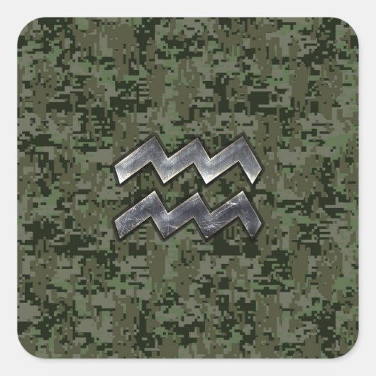 Aquarius Zodiac Sign on Woodland Digital Camo Vierkante Sticker (Voorkant)