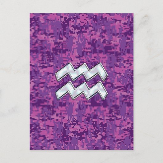 Aquarius Zodiac Symbool on fuchsia digital camo Briefkaart (Voorkant)