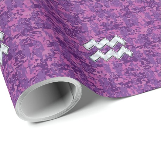 Aquarius Zodiac Symbool on fuchsia digital camo Cadeaupapier (Rol Hoek)