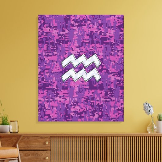 Aquarius Zodiac Symbool on fuchsia digital camo Canvas Afdruk (Insitu (Woonkamer))
