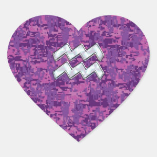 Aquarius Zodiac Symbool on fuchsia digital camo Hart Sticker