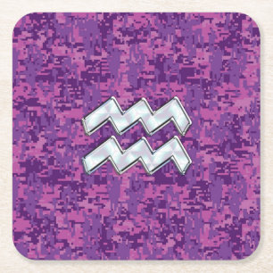 Aquarius Zodiac Symbool on fuchsia digital camo Kartonnen Onderzetters