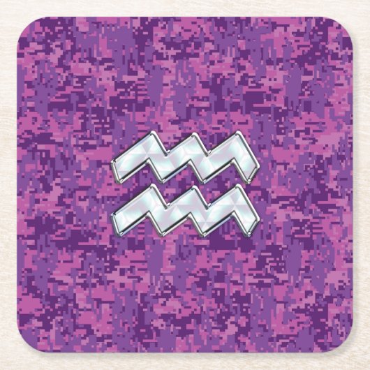 Aquarius Zodiac Symbool on fuchsia digital camo Kartonnen Onderzetters (Voorkant)