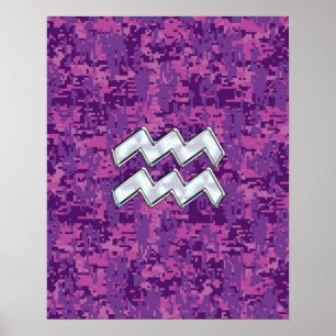 Aquarius Zodiac Symbool on fuchsia digital camo Poster