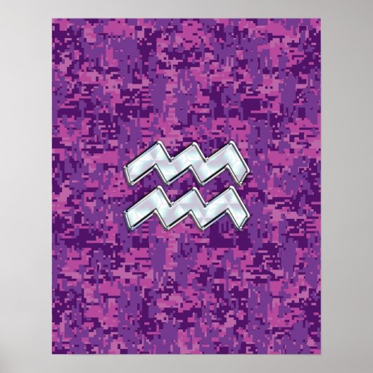 Aquarius Zodiac Symbool on fuchsia digital camo Poster (Voorkant)