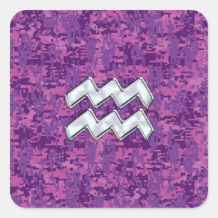 Aquarius Zodiac Symbool on fuchsia digital camo Vierkante Sticker