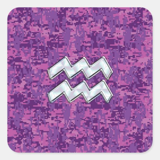 Aquarius Zodiac Symbool on fuchsia digital camo Vierkante Sticker (Voorkant)