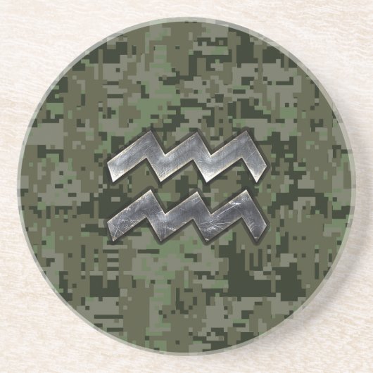 Aquarius Zodiac Symbool op Green Digital Camouflag Zandsteen Onderzetter (Voorkant)
