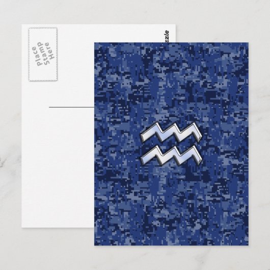 Aquarius Zodiac Symbool op marinesblauwe digitale Briefkaart (Voorkant / Achterkant)