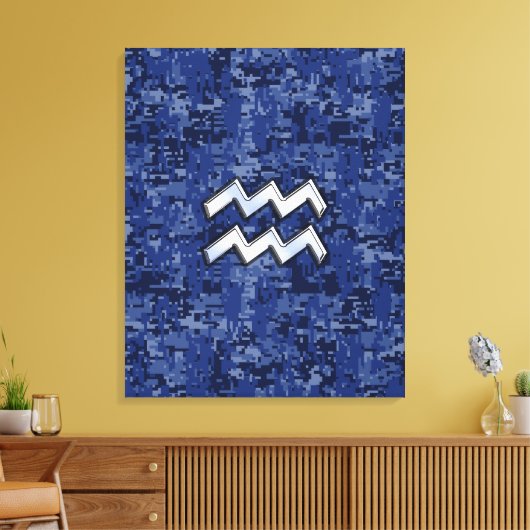 Aquarius Zodiac Symbool op marinesblauwe digitale Canvas Afdruk (Insitu (Woonkamer))