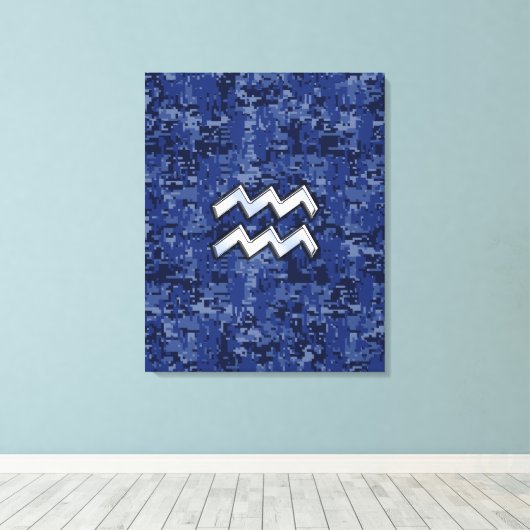 Aquarius Zodiac Symbool op marinesblauwe digitale Canvas Afdruk (Insitu (Houten vloer))