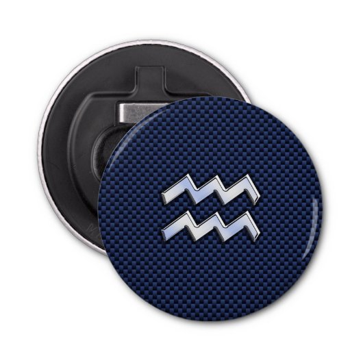 Aquarius Zodiac Symbool op Navy Blue Carbon Fiber Button Flesopener (Voorkant)