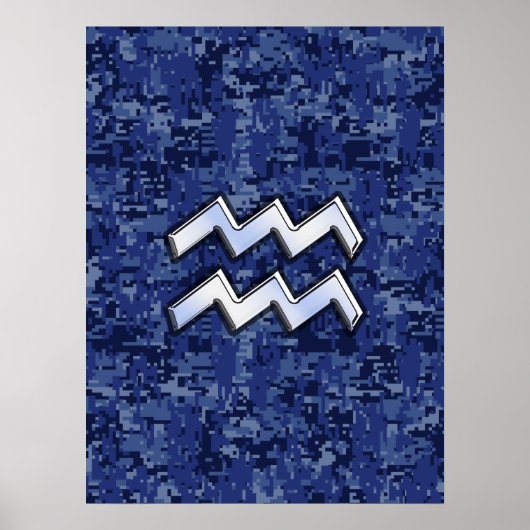 Aquarius Zodiac Symbool op Navy Digital Camouflage Poster (Voorkant)