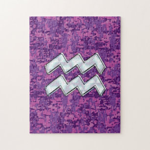 Aquarius Zodiac-symbool op roze digitale camouflag Legpuzzel