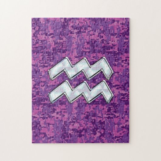 Aquarius Zodiac-symbool op roze digitale camouflag Legpuzzel (Verticaal)