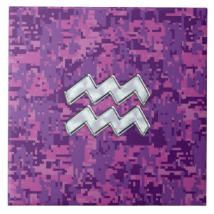 Aquarius Zodiac-symbool op roze digitale camouflag Tegeltje