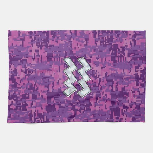 Aquarius Zodiac-symbool op roze digitale camouflag Theedoek (Horizontaal)