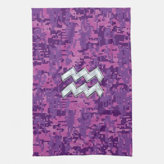 Aquarius Zodiac-symbool op roze digitale camouflag Theedoek (Verticaal)