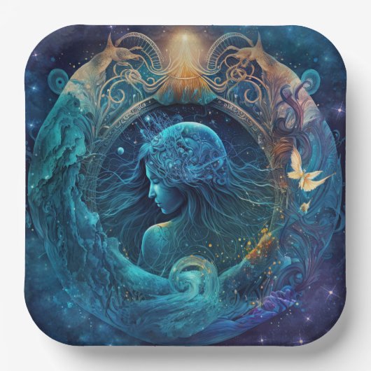 Aquarius Zodiac Teken Waterverf Ontwerp Papieren Bordje (Voorkant)