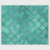 Aquatic Blue Gold Shiny Glass Damask Cadeaupapier (Vlak)
