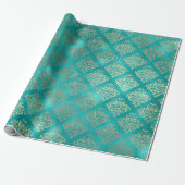 Aquatic Blue Gold Shiny Glass Damask Cadeaupapier (Uitgerold)