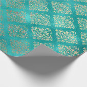 Aquatic Blue Gold Shiny Glass Damask Cadeaupapier (Hoek)