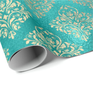 Aquatic Blue Gold Shiny Glass Damask Cadeaupapier
