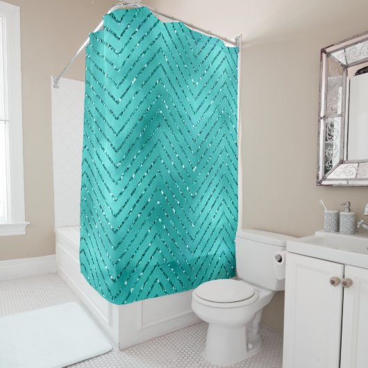 Aquatic Blue Metallic Crystal Chevron Glas Douchegordijn (In situ)