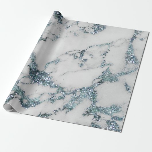 Aquatic Gray Glitter Blue Marble Shiny Glam Cadeaupapier (Uitgerold)