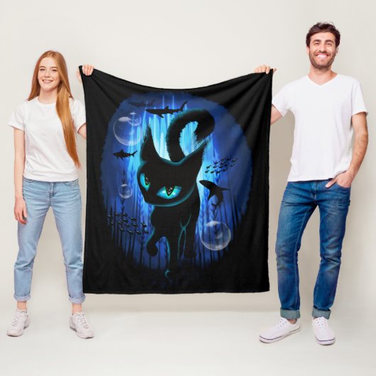 Aquaticat - Surreal Cat in Deep Ocean Fantasy Fleece Deken (In situ)