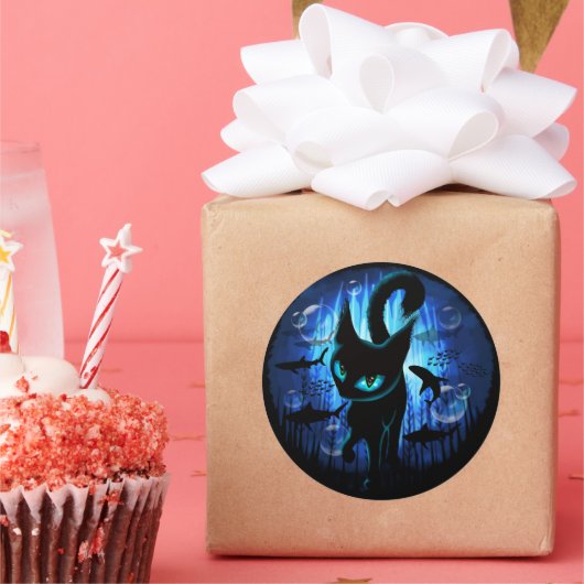 Aquaticat - Surreal Cat in Deep Ocean Fantasy Ronde Sticker (Feest)